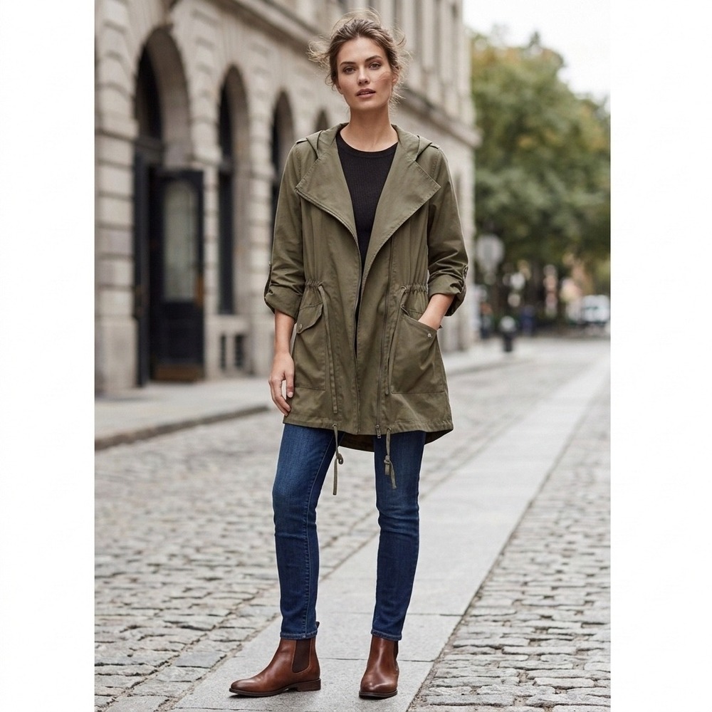 Be Cool Womens Olive Green Utility Anorak Jacket Hooded Drawstring Waist‎ Medium